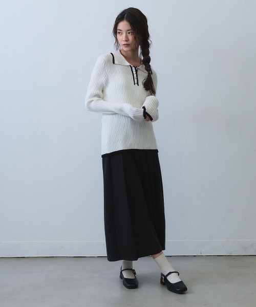 Clum（クルム）の「contrast line polo rib knit / バイカラーラインポロリブニットトップス（ニット/セーター・レディース・ブラック/ホワイト・SMALL/MEDIUM）」の18枚目の写真