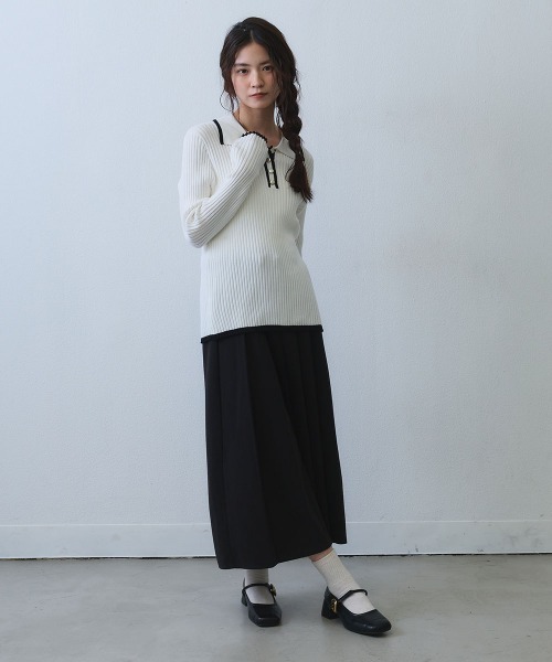 Clum（クルム）の「contrast line polo rib knit / バイカラーラインポロリブニットトップス（ニット/セーター・レディース・ブラック/ホワイト・SMALL/MEDIUM）」の19枚目の写真
