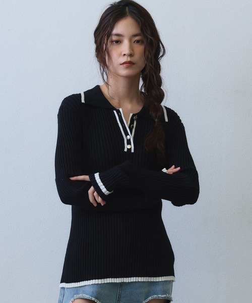 Clum（クルム）の「contrast line polo rib knit / バイカラーラインポロリブニットトップス（ニット/セーター・レディース・ブラック/ホワイト・SMALL/MEDIUM）」の22枚目の写真