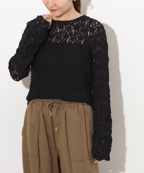 JOURNAL STANDARD relume（ジャーナルスタンダード　レリューム）の「ストレッチレースロングスリーブT（Tシャツ/カットソー・レディース・アイボリー/ブラック・FREE）」の6枚目の写真
