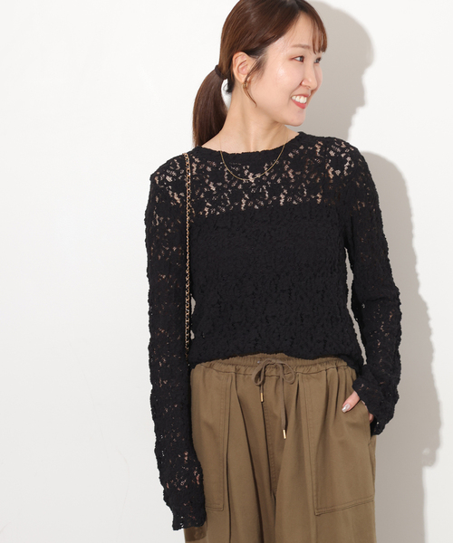 JOURNAL STANDARD relume（ジャーナルスタンダード　レリューム）の「ストレッチレースロングスリーブT（Tシャツ/カットソー・レディース・アイボリー/ブラック・FREE）」の7枚目の写真