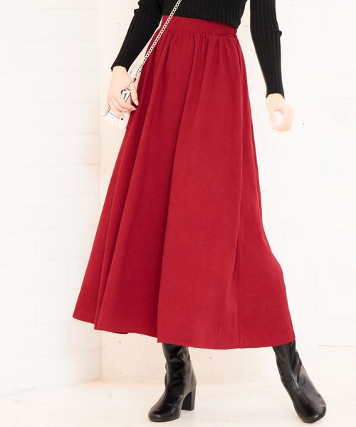 KOBE LETTUCE（コウベレタス）の「ピーチスキンタッチミディ丈フレアスカート（スカート・レディース・ダークグリーン/ブラック/グレイッシュベージュ/マスタード/パープル/ボルドー/アイボリー/ベージュ/ブルー/プラム/レッド・FREE）」の10枚目の写真