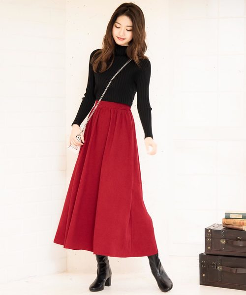 KOBE LETTUCE（コウベレタス）の「ピーチスキンタッチミディ丈フレアスカート（スカート・レディース・ダークグリーン/ブラック/グレイッシュベージュ/マスタード/パープル/ボルドー/アイボリー/ベージュ/ブルー/プラム/レッド・FREE）」の22枚目の写真