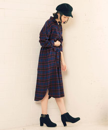 ウエストリボン付きチェック柄ロングシャツワンピース＊レディース/[E1877]神戸レタス