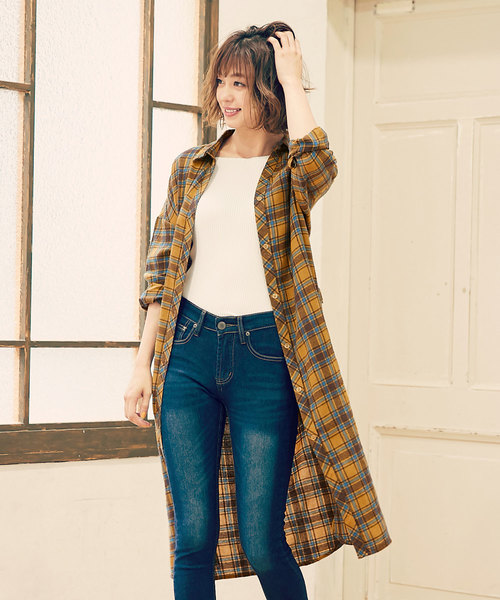 KOBE LETTUCE（コウベレタス）の「ウエストリボン付きチェック柄ロングシャツワンピース＊レディース/[E1877]神戸レタス（シャツワンピース・レディース・ネイビー/イエロー/ボルドー・FREE）」の11枚目の写真