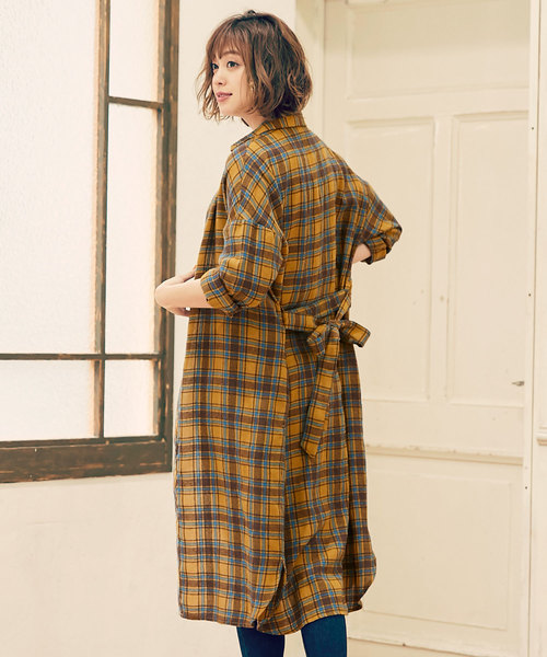 KOBE LETTUCE（コウベレタス）の「ウエストリボン付きチェック柄ロングシャツワンピース＊レディース/[E1877]神戸レタス（シャツワンピース・レディース・ネイビー/イエロー/ボルドー・FREE）」の12枚目の写真