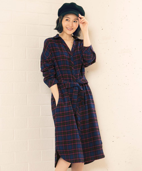 KOBE LETTUCE（コウベレタス）の「ウエストリボン付きチェック柄ロングシャツワンピース＊レディース/[E1877]神戸レタス（シャツワンピース・レディース・ネイビー/イエロー/ボルドー・FREE）」の13枚目の写真