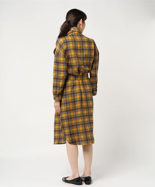 KOBE LETTUCE（コウベレタス）の「ウエストリボン付きチェック柄ロングシャツワンピース＊レディース/[E1877]神戸レタス（シャツワンピース・レディース・ネイビー/イエロー/ボルドー・FREE）」の4枚目の写真