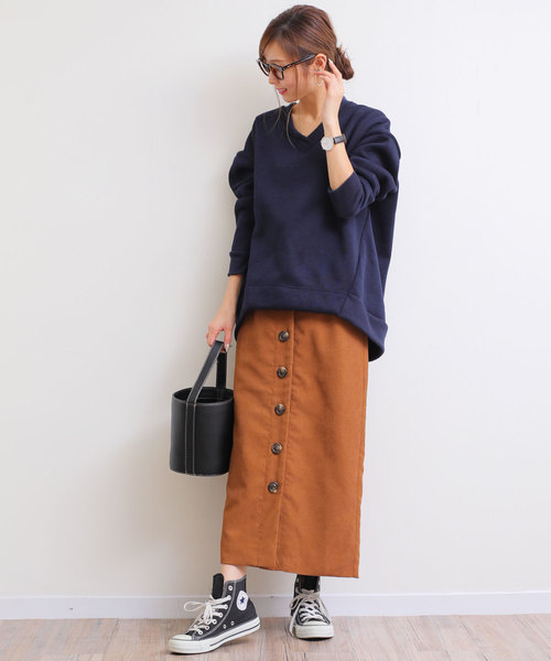 andme(アンドミー)の「ジャガードコーデュロイハイウエスト前ボタンロングタイトスカート(スカート・レディース・ネイビー/ボルドー/キャメル/ブラック/ブラウン/グレー・M)」の17枚目の写真