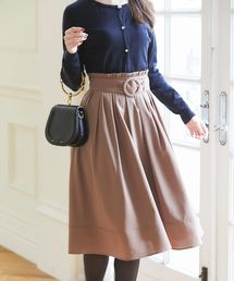 ベルト付きウエストプチフリル装飾フレアスカート
