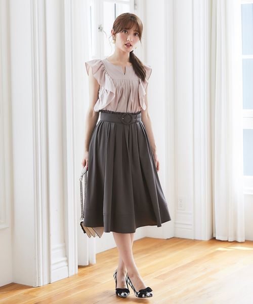tocco closet（トッコ　クローゼット）の「ベルト付きウエストプチフリル装飾フレアスカート（スカート・レディース・チャコールグレー/ブルーグレー/モカ/ピンク系その他/グリーン系その他/コーラルピンク/ネイビー/ラベンダー/ベージュ/グレー系その他・M/L）」の21枚目の写真