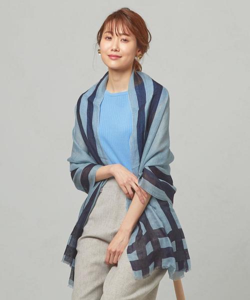 THE STATION STORE（ザ ステーション ストア）の「＜MARFA＞ダブルライン リネンストール（ストール/ショール・レディース・ベージュ/ライトブルー・FREE）」の7枚目の写真