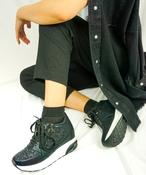 驚きの値段 Sugar Sugar シュガーシュガー グリッター厚底レースアップスニーカー 送料無料 早い者勝ち