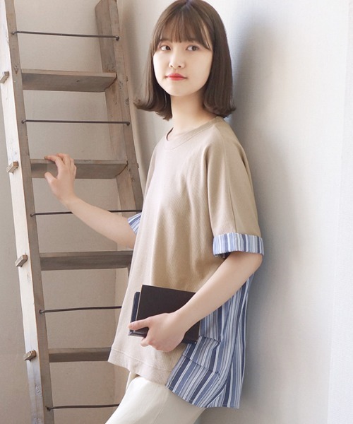 e-zakkamania stores(イーザッカマニアストアーズ)の「ワッフル×ストライプ 異素材プルオーバー(Tシャツ/カットソー・レディース・ホワイト/ベージュ・M)」の2枚目の写真