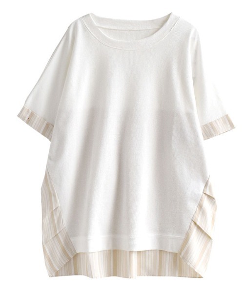 e-zakkamania stores(イーザッカマニアストアーズ)の「ワッフル×ストライプ 異素材プルオーバー(Tシャツ/カットソー・レディース・ホワイト/ベージュ・M)」の4枚目の写真