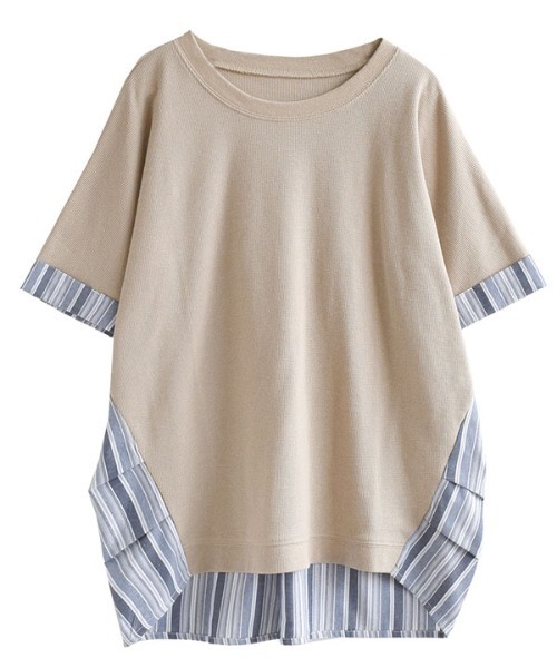 e-zakkamania stores(イーザッカマニアストアーズ)の「ワッフル×ストライプ 異素材プルオーバー(Tシャツ/カットソー・レディース・ホワイト/ベージュ・M)」の5枚目の写真