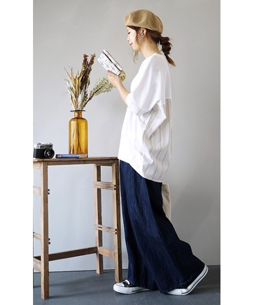 e-zakkamania stores(イーザッカマニアストアーズ)の「ワッフル×ストライプ 異素材プルオーバー(Tシャツ/カットソー・レディース・ホワイト/ベージュ・M)」の8枚目の写真