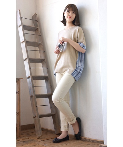 e-zakkamania stores(イーザッカマニアストアーズ)の「ワッフル×ストライプ 異素材プルオーバー(Tシャツ/カットソー・レディース・ホワイト/ベージュ・M)」の3枚目の写真