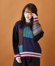 CUBE SUGAR（キューブシュガー）の「アンチピリングニット パッチワーク 配色 プルオーバー（ニット/セーター）」