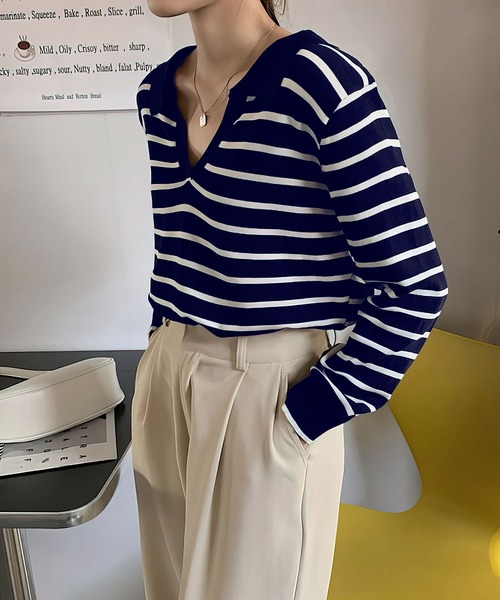 me+em select(ミームセレクト)の「襟つき配色ボーダーニット(ニット/セーター・レディース・ブラック/ネイビー/イエロー/グリーン/アイボリー・FREE)」の5枚目の写真