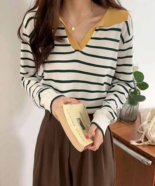 me+em select(ミームセレクト)の「襟つき配色ボーダーニット(ニット/セーター・レディース・ブラック/ネイビー/イエロー/グリーン/アイボリー・FREE)」の1枚目の写真