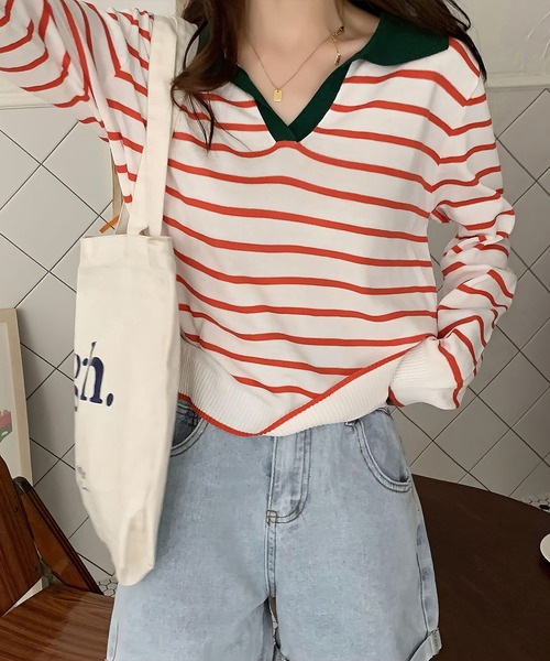 me+em select(ミームセレクト)の「襟つき配色ボーダーニット(ニット/セーター・レディース・ブラック/ネイビー/イエロー/グリーン/アイボリー・FREE)」の4枚目の写真