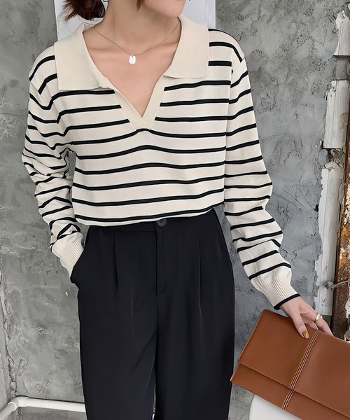 me+em select(ミームセレクト)の「襟つき配色ボーダーニット(ニット/セーター・レディース・ブラック/ネイビー/イエロー/グリーン/アイボリー・FREE)」の2枚目の写真