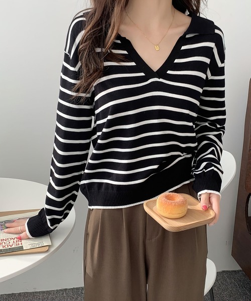 me+em select(ミームセレクト)の「襟つき配色ボーダーニット(ニット/セーター・レディース・ブラック/ネイビー/イエロー/グリーン/アイボリー・FREE)」の3枚目の写真