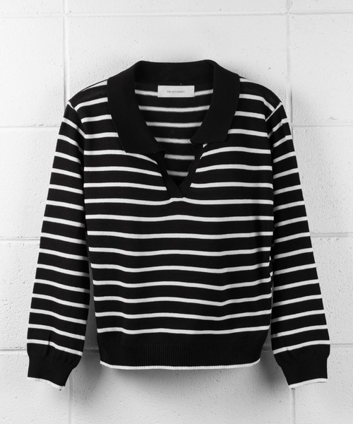 me+em select(ミームセレクト)の「襟つき配色ボーダーニット(ニット/セーター・レディース・ブラック/ネイビー/イエロー/グリーン/アイボリー・FREE)」の14枚目の写真