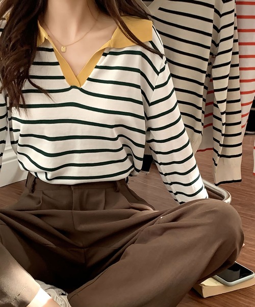 me+em select(ミームセレクト)の「襟つき配色ボーダーニット(ニット/セーター・レディース・ブラック/ネイビー/イエロー/グリーン/アイボリー・FREE)」の22枚目の写真