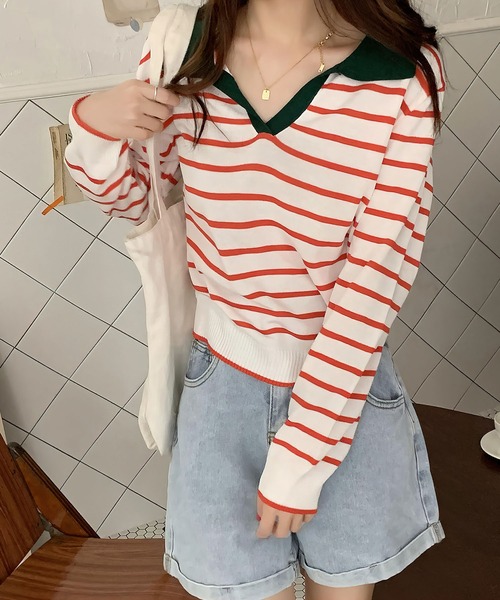 me+em select(ミームセレクト)の「襟つき配色ボーダーニット(ニット/セーター・レディース・ブラック/ネイビー/イエロー/グリーン/アイボリー・FREE)」の15枚目の写真