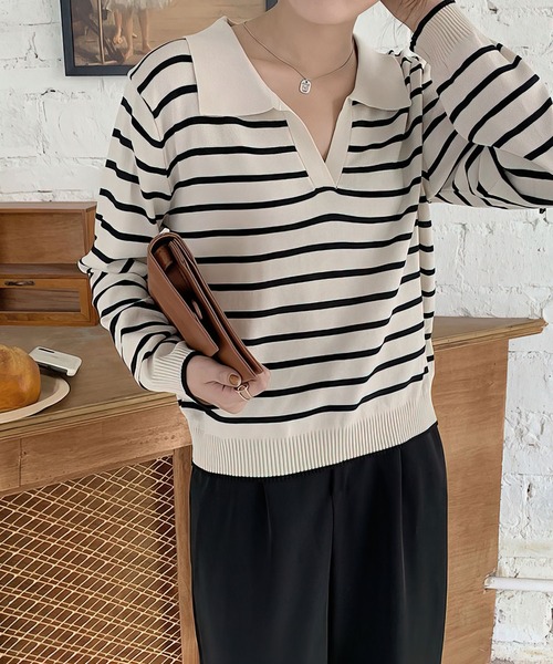 me+em select(ミームセレクト)の「襟つき配色ボーダーニット(ニット/セーター・レディース・ブラック/ネイビー/イエロー/グリーン/アイボリー・FREE)」の12枚目の写真