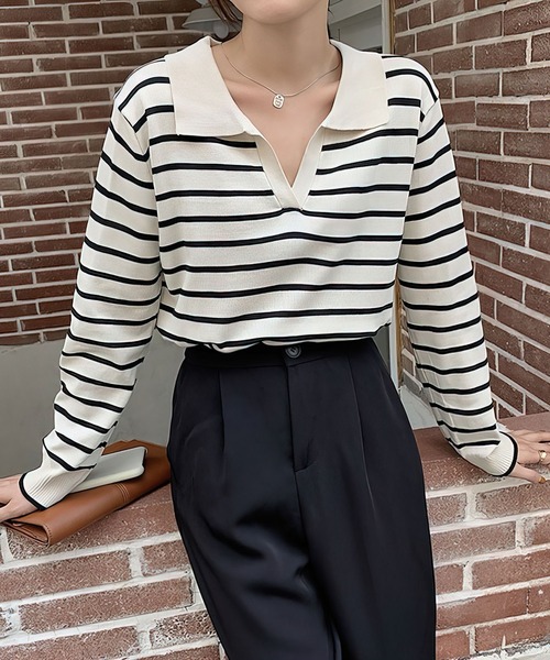 me+em select(ミームセレクト)の「襟つき配色ボーダーニット(ニット/セーター・レディース・ブラック/ネイビー/イエロー/グリーン/アイボリー・FREE)」の9枚目の写真