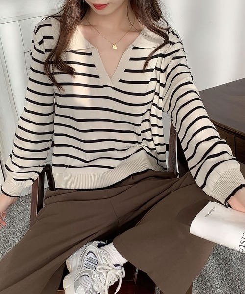 me+em select(ミームセレクト)の「襟つき配色ボーダーニット(ニット/セーター・レディース・ブラック/ネイビー/イエロー/グリーン/アイボリー・FREE)」の7枚目の写真