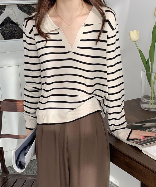 me+em select(ミームセレクト)の「襟つき配色ボーダーニット(ニット/セーター・レディース・ブラック/ネイビー/イエロー/グリーン/アイボリー・FREE)」の20枚目の写真