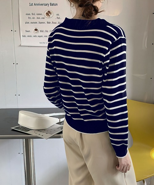 me+em select(ミームセレクト)の「襟つき配色ボーダーニット(ニット/セーター・レディース・ブラック/ネイビー/イエロー/グリーン/アイボリー・FREE)」の13枚目の写真