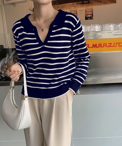 me+em select(ミームセレクト)の「襟つき配色ボーダーニット(ニット/セーター・レディース・ブラック/ネイビー/イエロー/グリーン/アイボリー・FREE)」の16枚目の写真