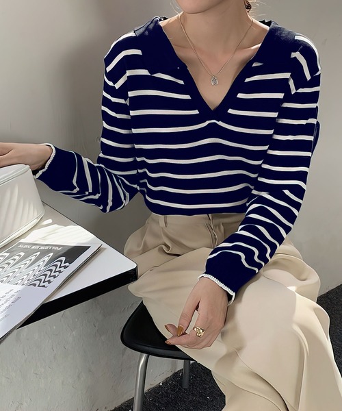 me+em select(ミームセレクト)の「襟つき配色ボーダーニット(ニット/セーター・レディース・ブラック/ネイビー/イエロー/グリーン/アイボリー・FREE)」の10枚目の写真