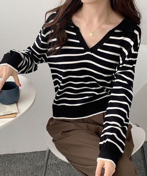 me+em select(ミームセレクト)の「襟つき配色ボーダーニット(ニット/セーター・レディース・ブラック/ネイビー/イエロー/グリーン/アイボリー・FREE)」の8枚目の写真