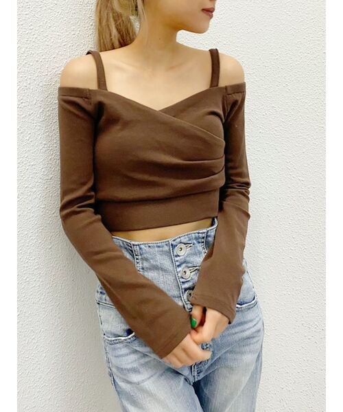 GYDA(ジェイダ)の「カシュクールデザインオフショルトップス(Tシャツ/カットソー・レディース・ブラウン/オフホワイト/ブラック・FREE)」の6枚目の写真