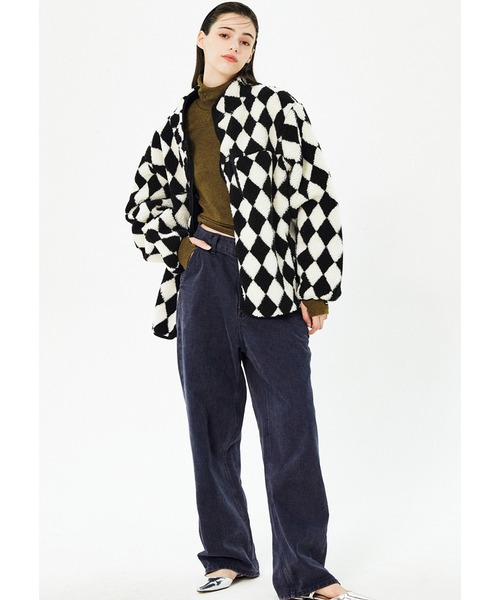 FANCY CLUB(ファンシークラブ)の「A'GEM/9 × .kom『 FANCY CLUB/ファンシークラブ』ARGYLE FLEECE JACKET/アーガイル柄 ボア フリース ジャケット(ブルゾン・レディース・ブラック・FREE)」の5枚目の写真