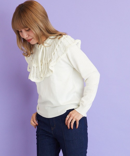 byYOUANCE(バイユアンス)の「クロシェつけ襟ニット(ニット/セーター・レディース・ブラック/ライム/ホワイト・FREE)」の5枚目の写真