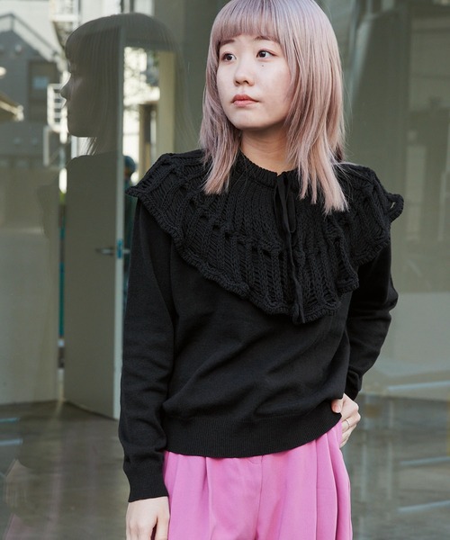 byYOUANCE(バイユアンス)の「クロシェつけ襟ニット(ニット/セーター・レディース・ブラック/ライム/ホワイト・FREE)」の9枚目の写真