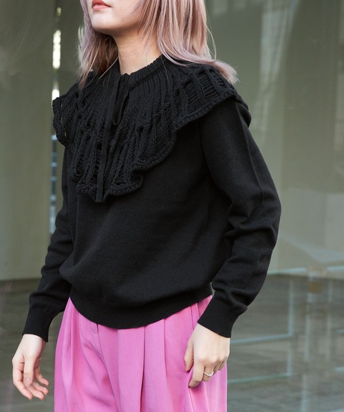 byYOUANCE(バイユアンス)の「クロシェつけ襟ニット(ニット/セーター・レディース・ブラック/ライム/ホワイト・FREE)」の10枚目の写真