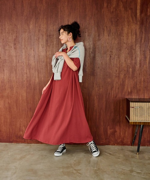 セール】リネンライクピンタックデザインスキッパーロングワンピース