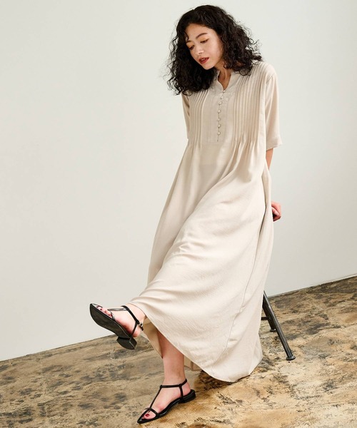 セール】リネンライクピンタックデザインスキッパーロングワンピース