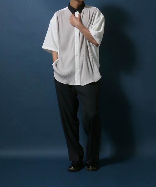 ANPAS(アンパス)の「Natural Stretch Oversize Pleated Switching Shirt/ストレッチ オーバーサイズ プリーツ切り替え シャツ(シャツ/ブラウス・メンズ・ホワイト/ブラック/ブルー・M/L)」の15枚目の写真