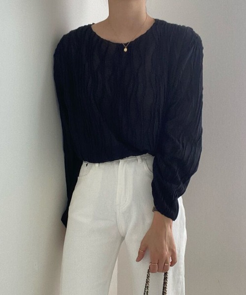 me+em select(ミームセレクト)の「クリンクルシースルーオーバートップス(Tシャツ/カットソー・レディース・ブラック/ベージュ/アイボリー・FREE)」の18枚目の写真