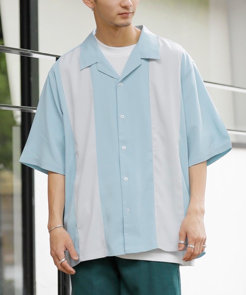 Beno(ビーノ)の「パネルスウィッチ オープンカラーオーバードレープシャツ(シャツ/ブラウス・メンズ・ブラック/ライトグレー/チャコールグレー/グリーン/サックスブルー/スモークピンク・M/L)」の1枚目の写真