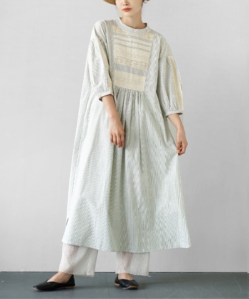 apartment department（アパートメントデパートメント）の「レースヨーク切替 ストライプワンピース（ワンピース・レディース・グリーン/ブルー・M）」の2枚目の写真